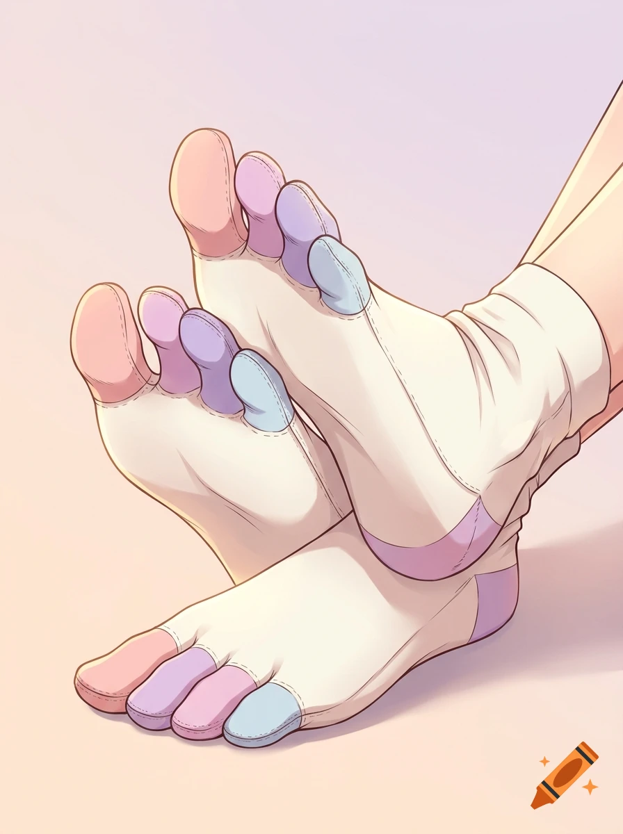 Anime style illustration of feet wearing colorful toe socks against a soft gradient background.