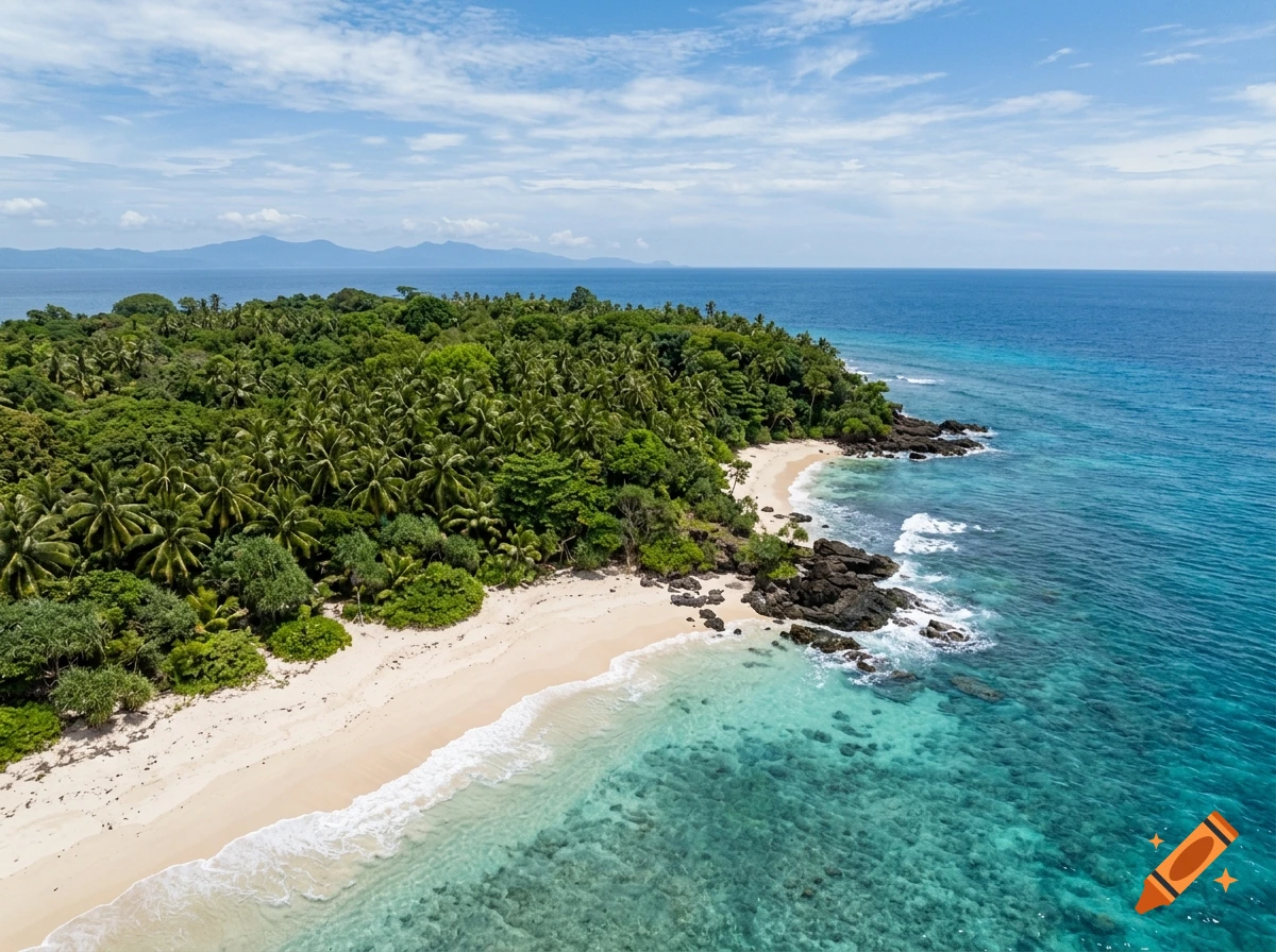 Aerial view of a tropical island with lush green palm trees, a white sandy beach, and clear turquoise ocean water.