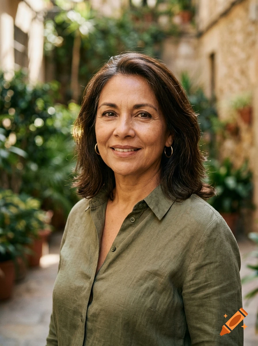A portrait of a middle-aged woman with dark hair wearing a green button-down shirt outdoors.