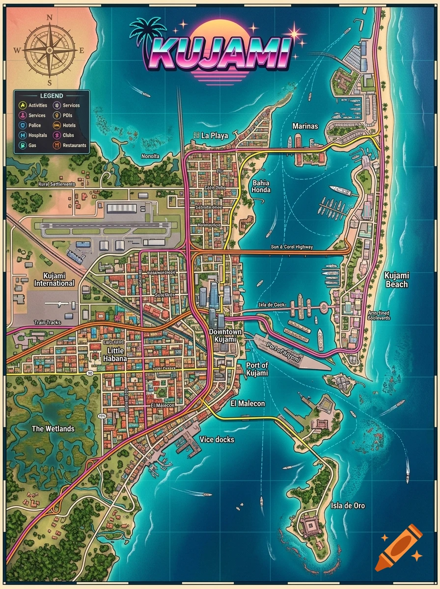 An illustrated map of the fictional coastal city of Kujami, featuring a retro aesthetic with neon text, a compass rose, a legend, and various districts like Little Habana and Downtown Kujami.