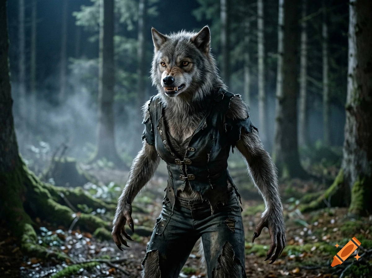 Photorealistic image of a female werewolf standing in a foggy pine forest.