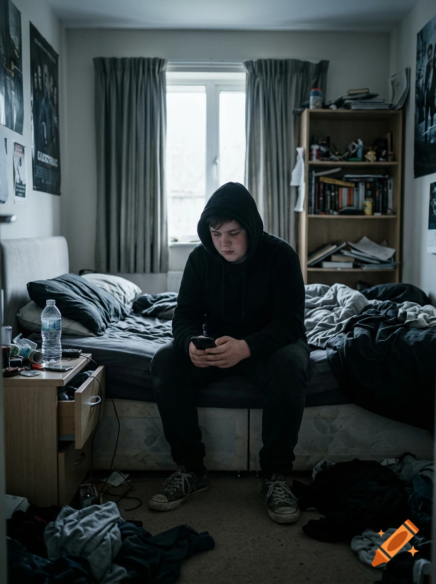A young person in a black hoodie sitting on a messy bed in a bedroom, looking at a smartphone, photorealistic.