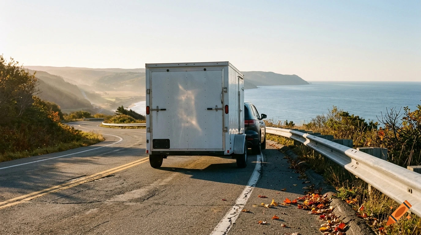 A car pulling a white cargo trailer drives along a winding coastal road next to the ocean.