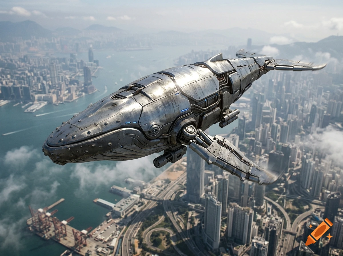 Photorealistic image of a metallic robotic whale flying over a sprawling coastal city with skyscrapers.