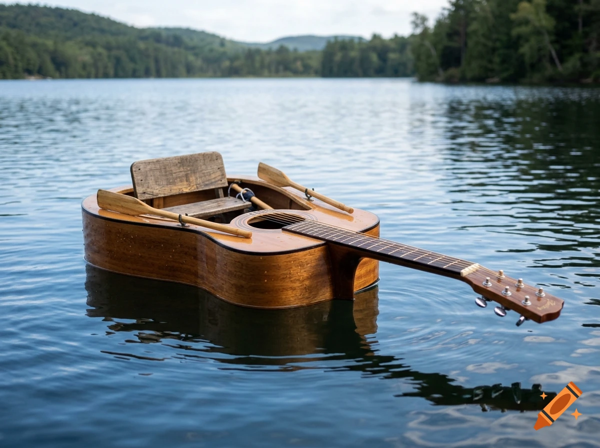 Photorealistic acoustic guitar shaped like a small rowboat floating on a calm lake with forested hills in the background.