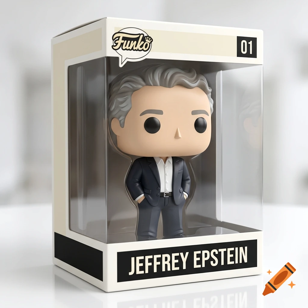 A stylized vinyl collectible toy of Jeffrey Epstein inside a Funko Pop box.