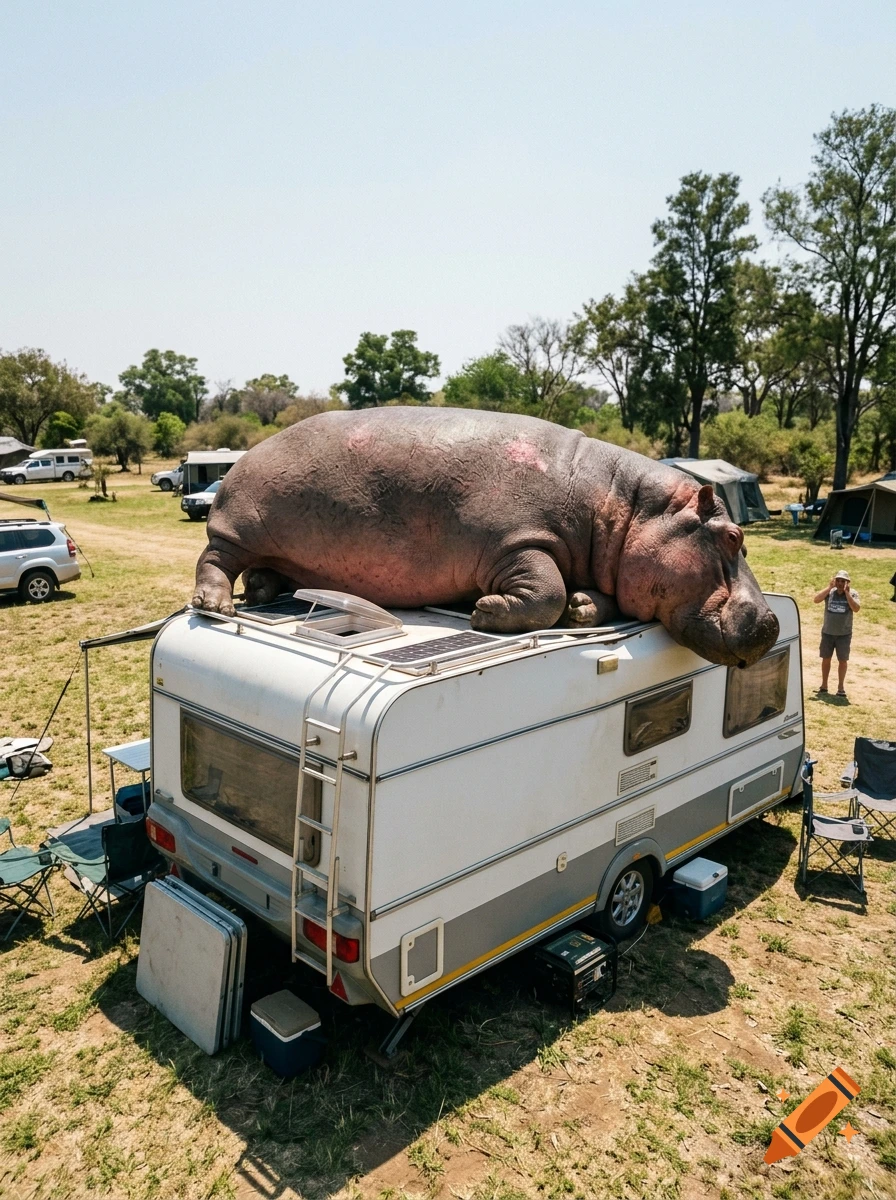 Photorealistic image of a large hippopotamus lying on the roof of a white caravan in a grassy campsite.