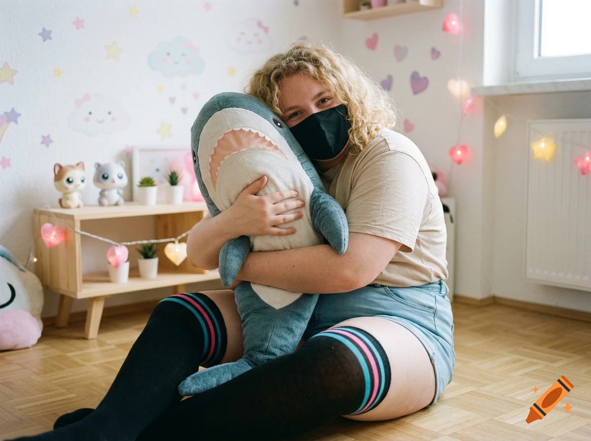 A person wearing a face mask sits on a wood floor, tightly hugging a large stuffed shark in a pastel-themed room, analogue photograph.