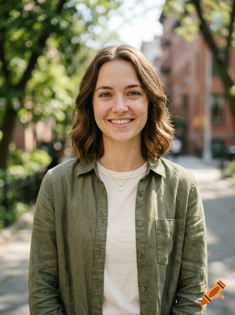 Portrait of a smiling young woman with brown hair outdoors on a street, wearing an olive green shirt over a white top.