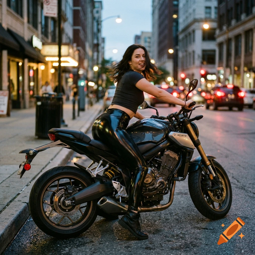 Photorealistic shot of a woman in latex leggings and a dark top sitting on a motorcycle on a city street at dusk.