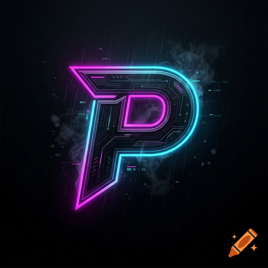 Dark cyberpunk neon logo featuring the letter P with glowing pink and blue outlines and digital circuit details.