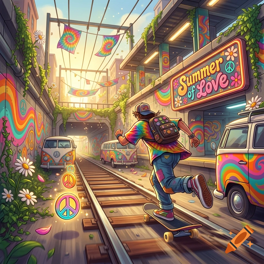 A person in a tie-dye shirt skateboarding down a railroad track in an urban canyon decorated with colorful psychedelic art, peace signs, and vintage vans.