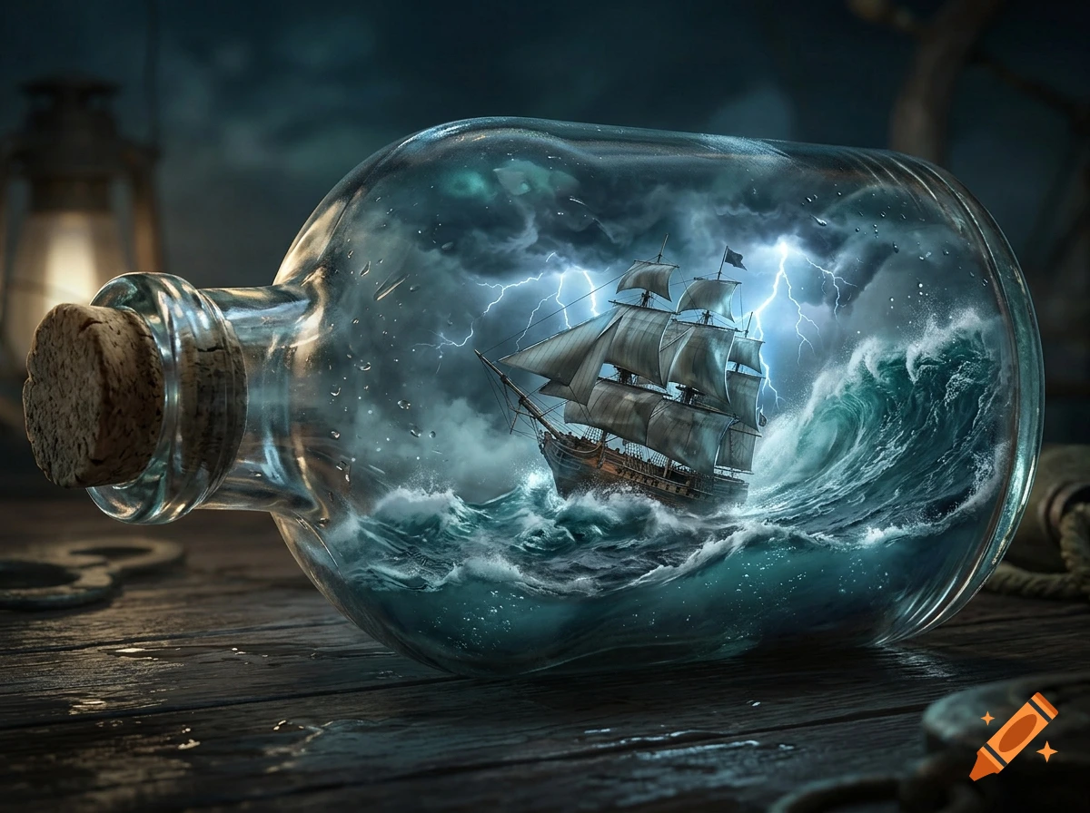 Detailed photorealistic miniature sailing ship battling rough seas and lightning storms inside a glass bottle on a wooden table.