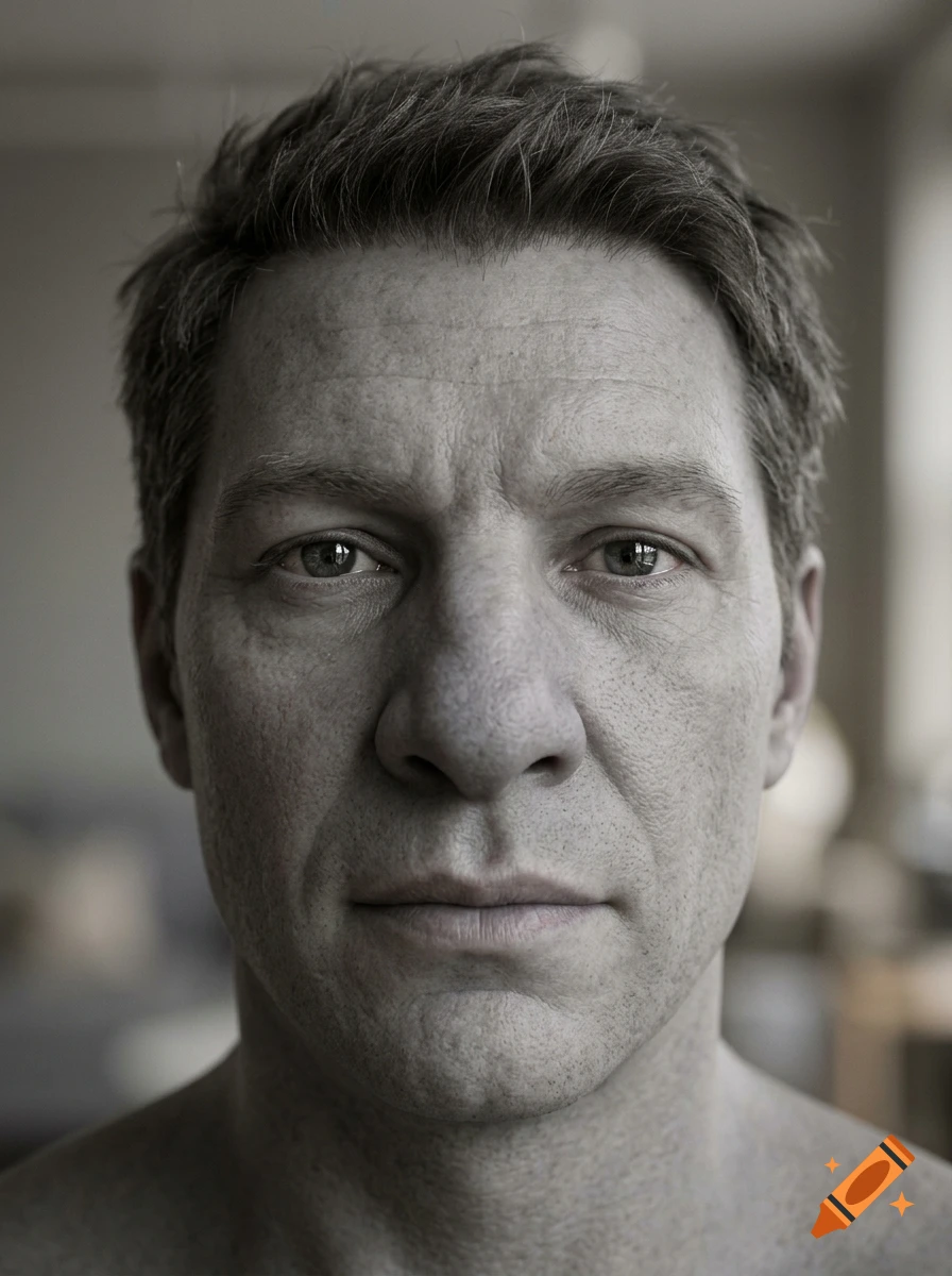 Photorealistic close-up portrait of a man with textured skin and short hair.
