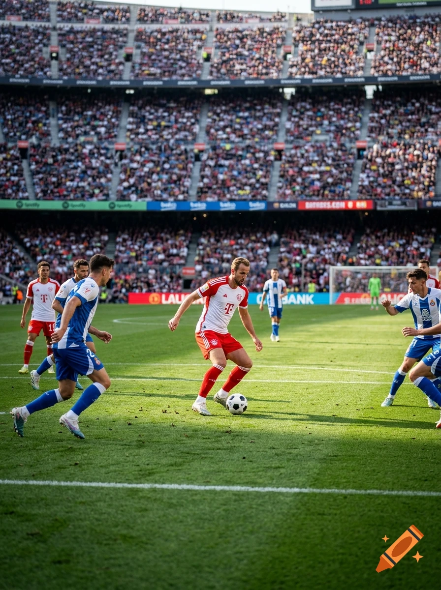 Photorealistic action shot of a soccer match in a packed stadium, players in red and white and blue and white kits.
