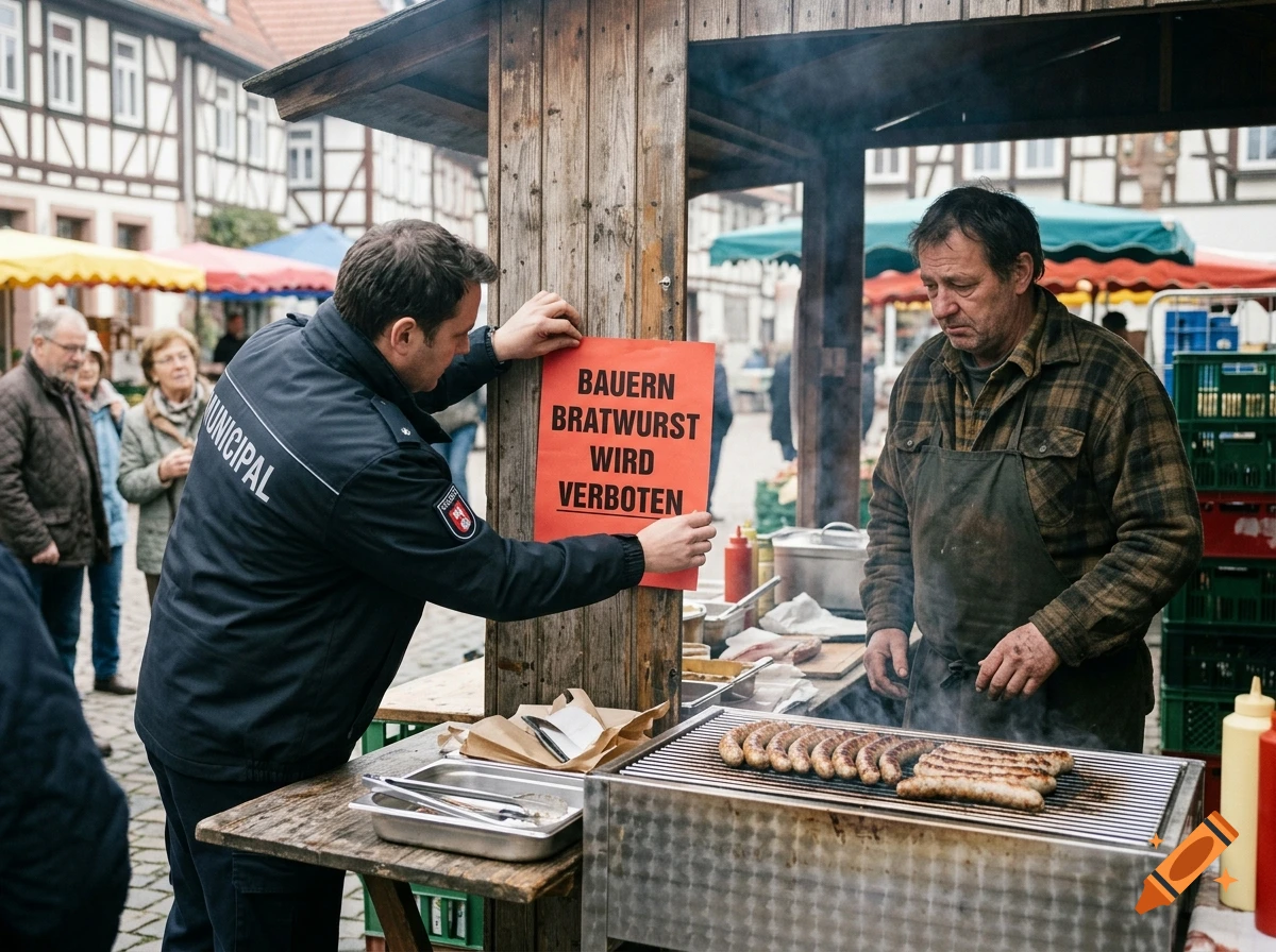 A municipal officer posts a red sign reading 'Bauern Bratwurst wird verboten' at an outdoor sausage stand in a European village.