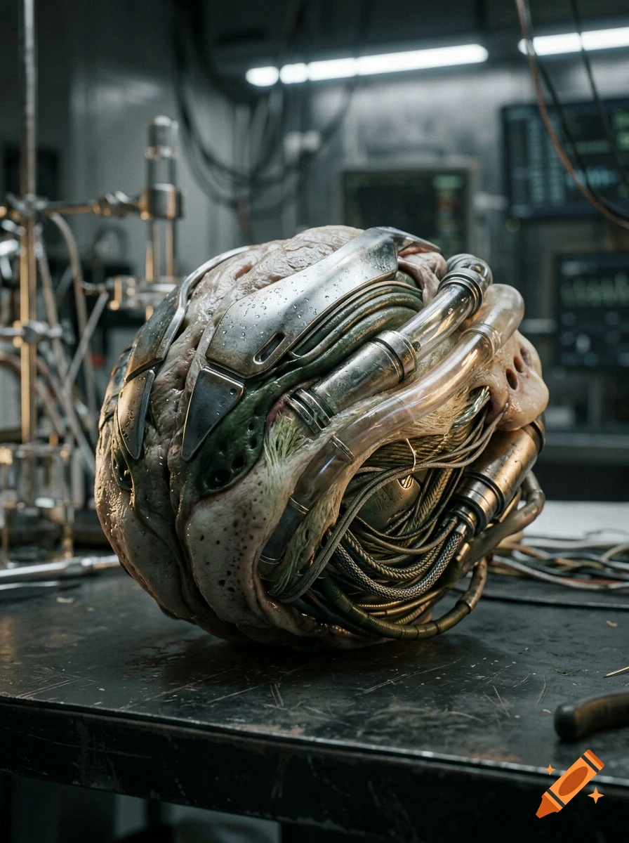 Photorealistic close-up of a complex bio-mechanical sphere with organic tissue and metal plating resting on a workshop table.