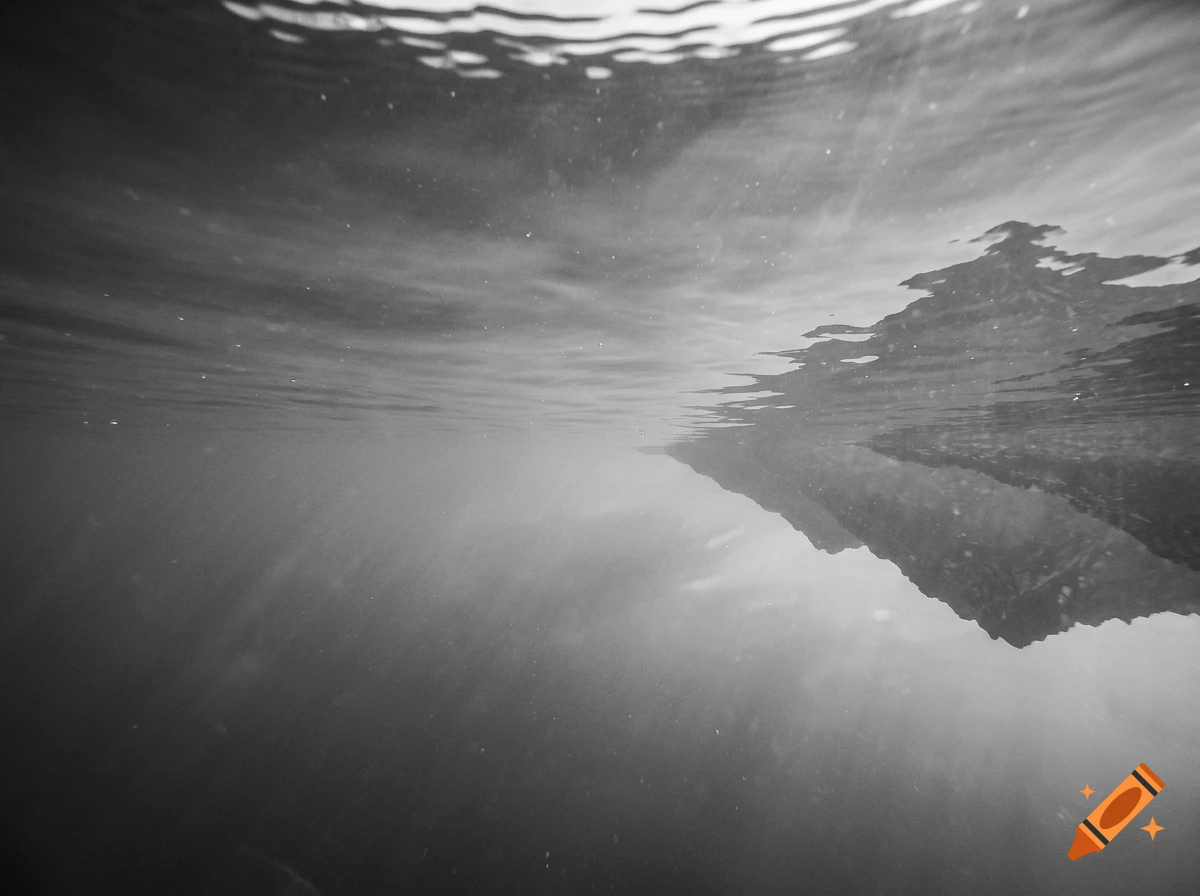 Black and white underwater photograph looking up toward the surface, with the reflection of a mountain visible on the right side.