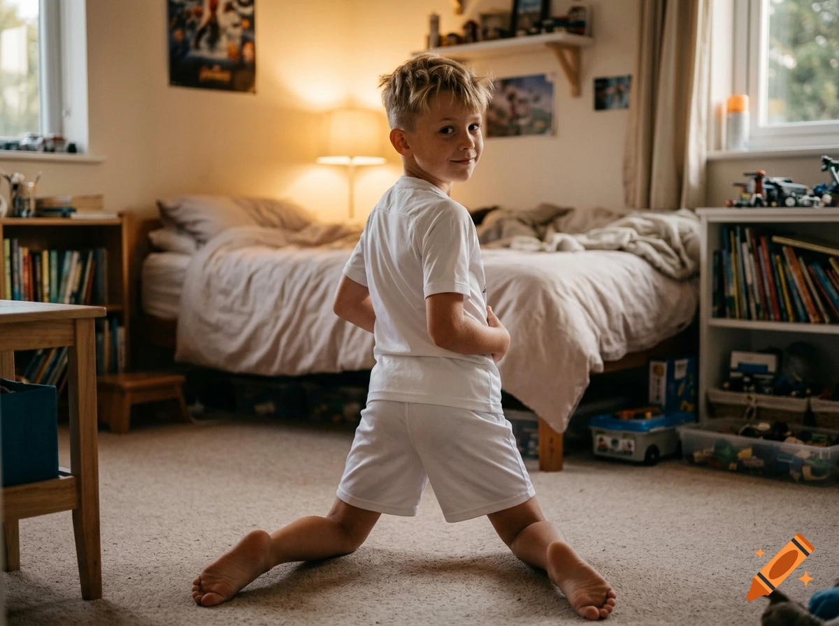 Photorealistic image of a young blonde boy kneeling in a bedroom, looking back over his shoulder.