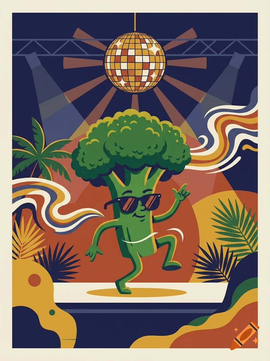 An anthropomorphic broccoli wearing sunglasses dances under a disco ball in a retro-style club setting with palm fronds and spotlights.