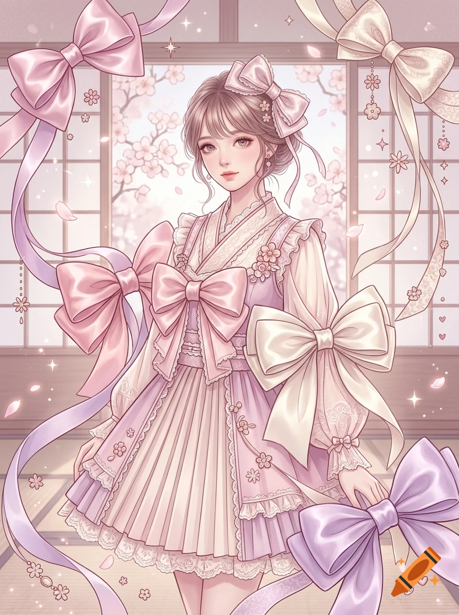 Anime style illustration of a young Japanese woman in a pastel pink dress surrounded by large decorative ribbons.
