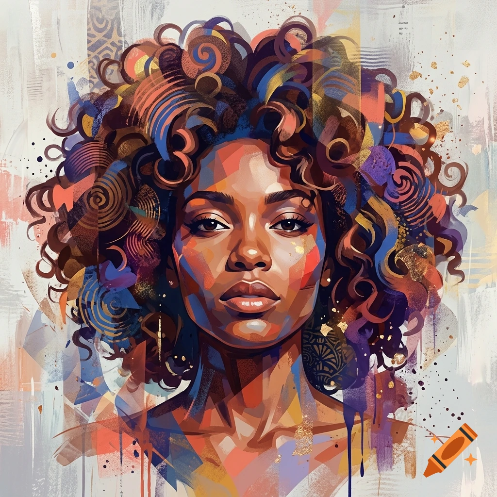 Abstract digital painting of a Black woman with large curly hair, colorful palette and expressive style.