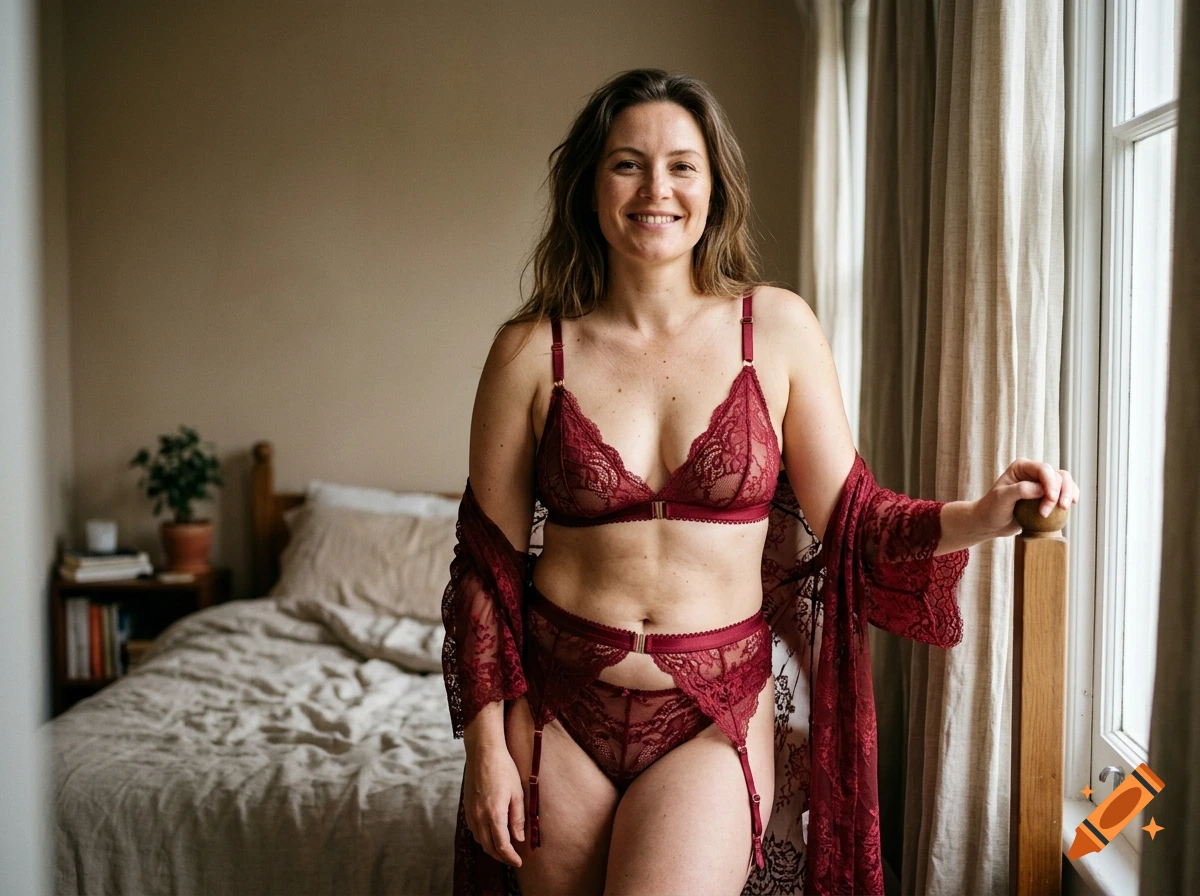 Photorealistic medium shot of a smiling woman posing in a red lace three-piece lingerie set inside a bedroom.