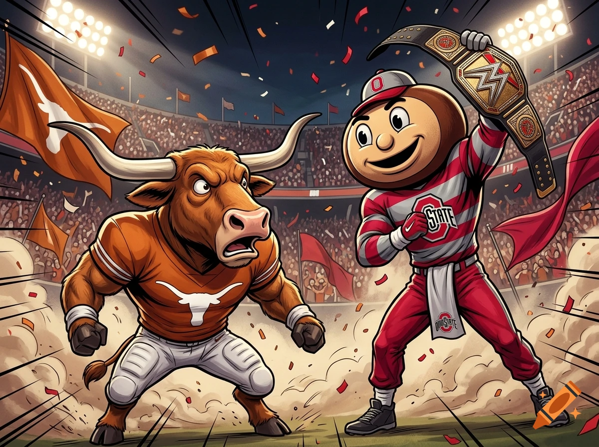 Cartoon illustration of a Texas Longhorn bull and an Ohio State mascot in a wrestling ring, with fans in stadium seating.