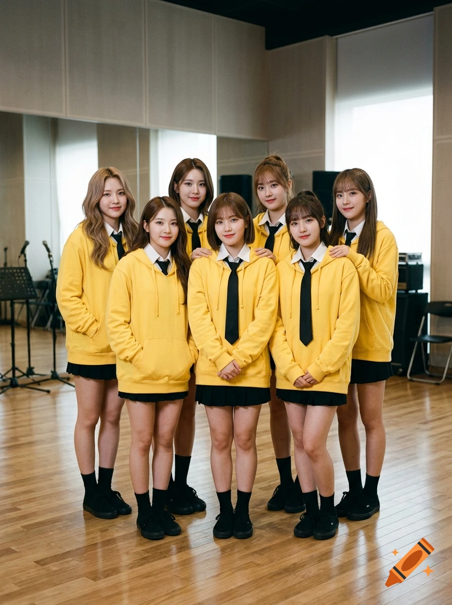 Photorealistic group portrait of seven female idols wearing yellow hoodies, white shirts, and black ties in a studio.