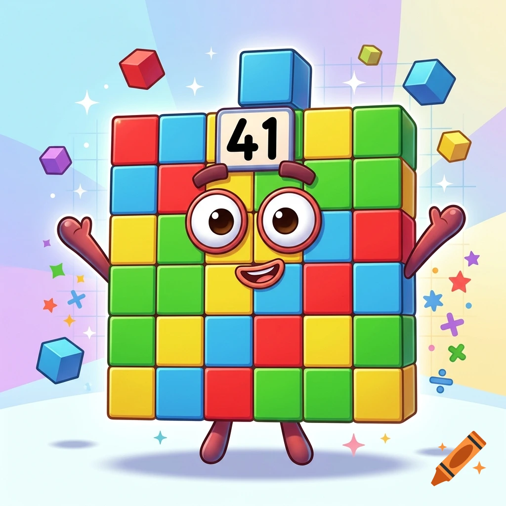 A friendly cartoon block character made of colorful smaller cubes, with the number 41 displayed on top, surrounded by floating cubes and mathematical symbols.