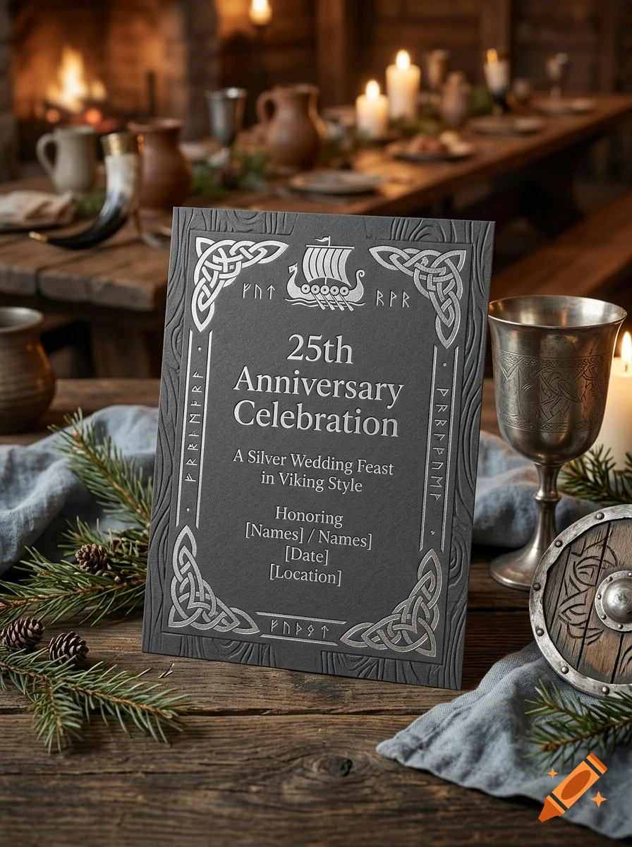 A dark grey invitation card for a Viking-style silver wedding anniversary feast on a rustic wooden table.