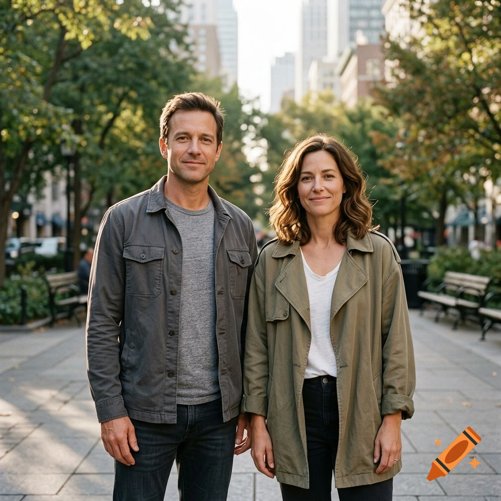 Photorealistic portrait of a man and a woman standing on a pedestrian street with trees and buildings in the background.