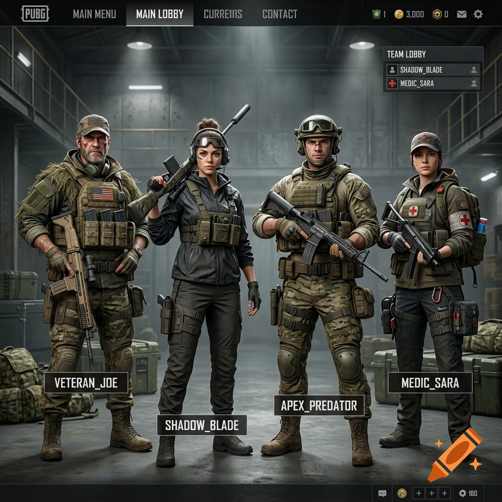 Four tactical soldiers with weapons standing in a warehouse lobby, photorealistic video game style.