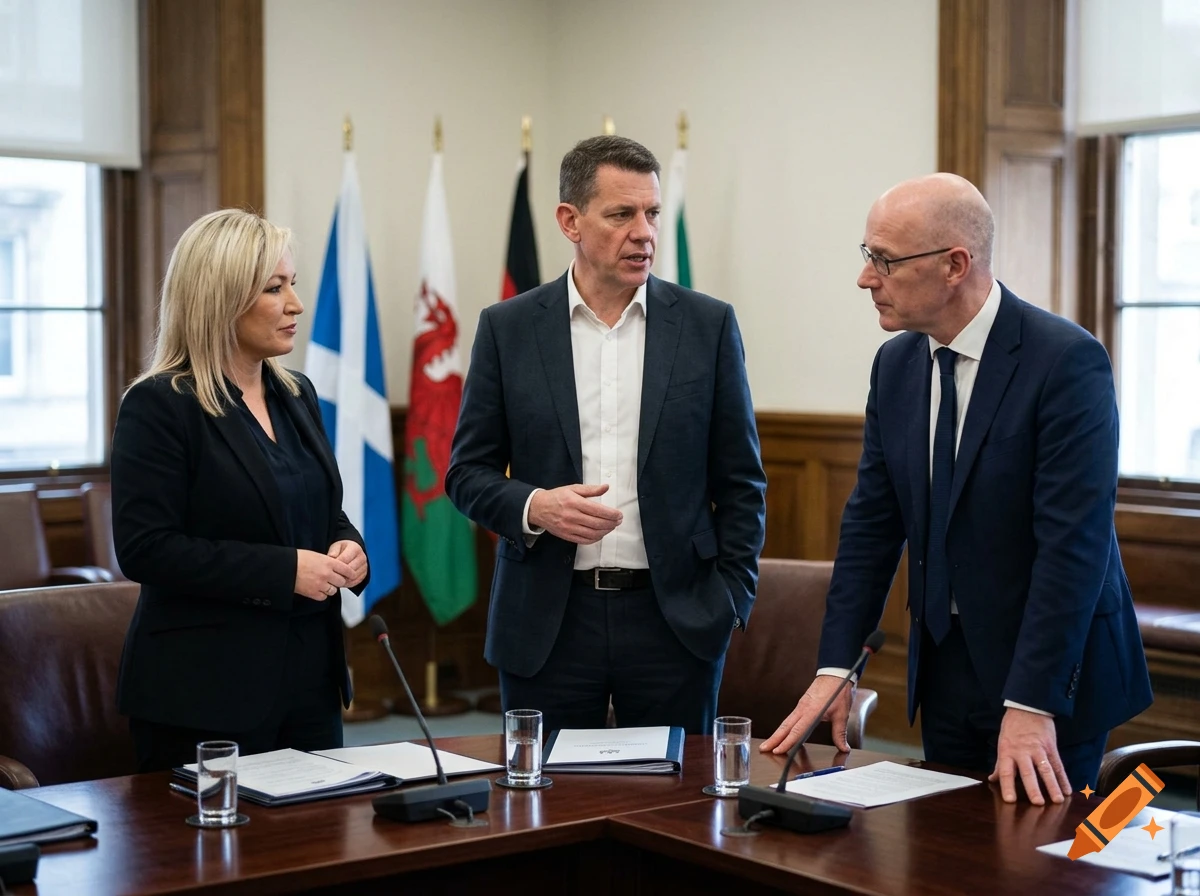 Photorealistic image of three politicians conferring around a conference table in a room with flags.