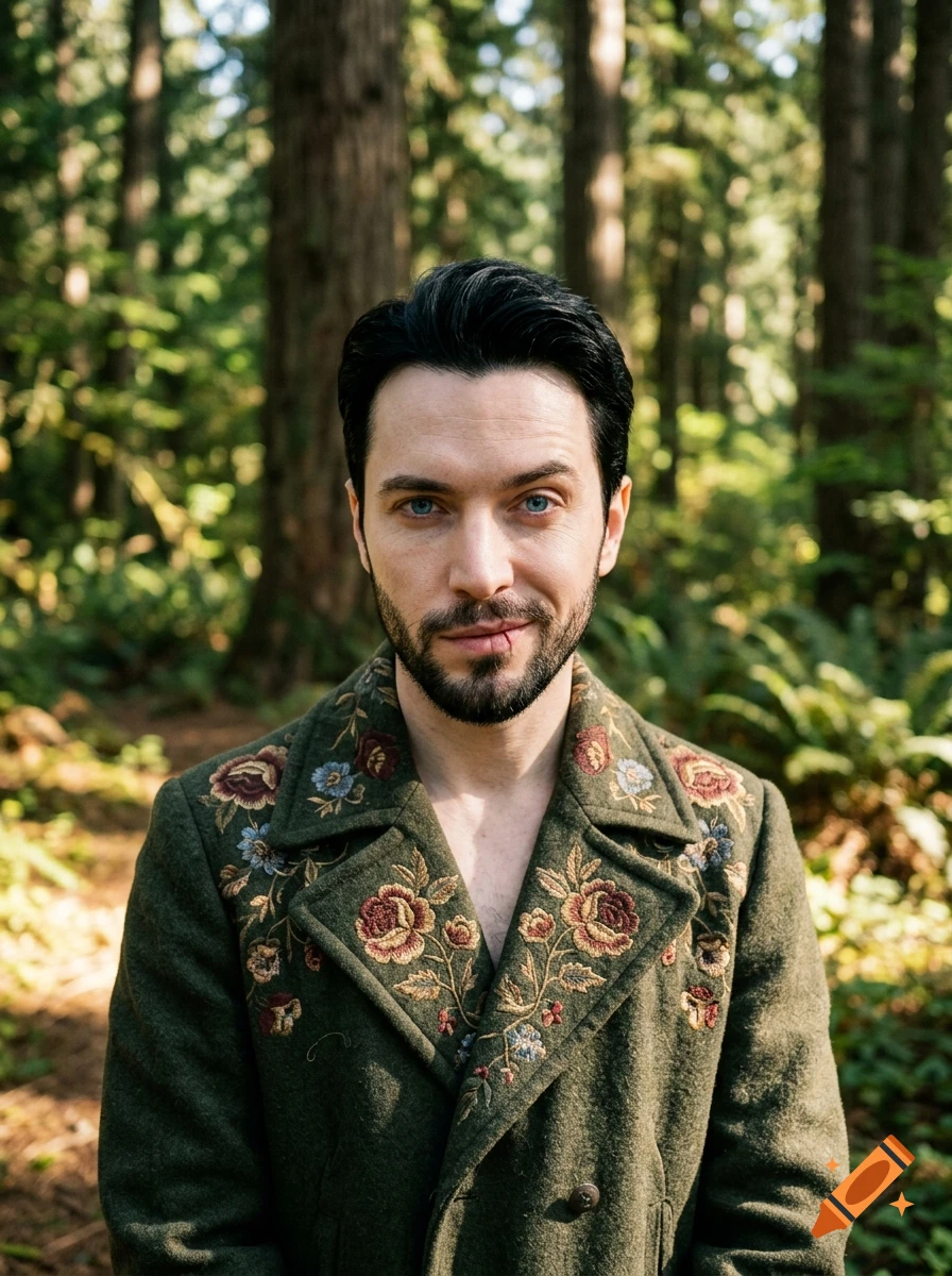 Photorealistic portrait of a handsome man with pale skin, black hair, and a scar on his lip, wearing an embroidered green coat in a sunny forest.