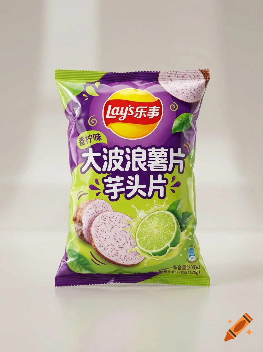 A Lay's taro and lime flavored potato chip bag featuring Chinese text, sliced taro, and a lime with liquid splashes.