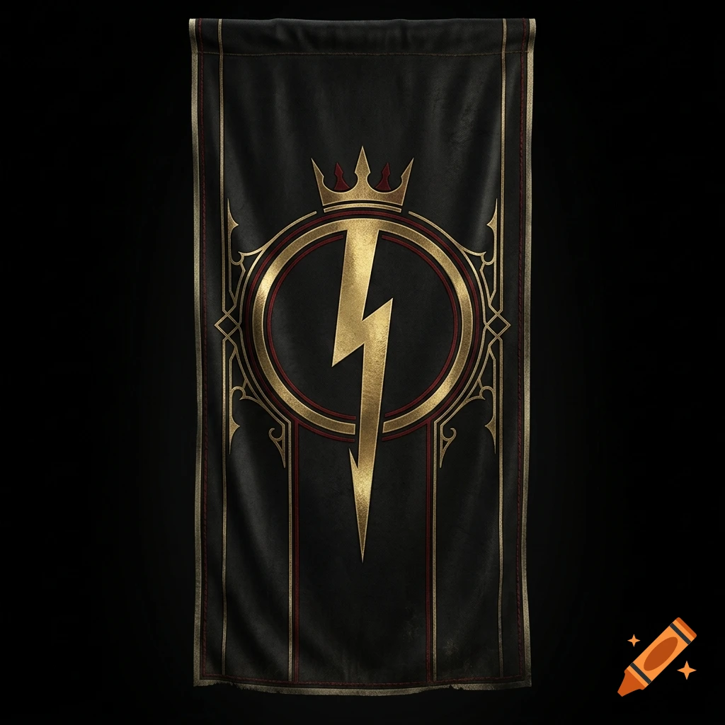 A dark vertical banner featuring a golden ring, a lightning bolt symbol, and a three-point crown.