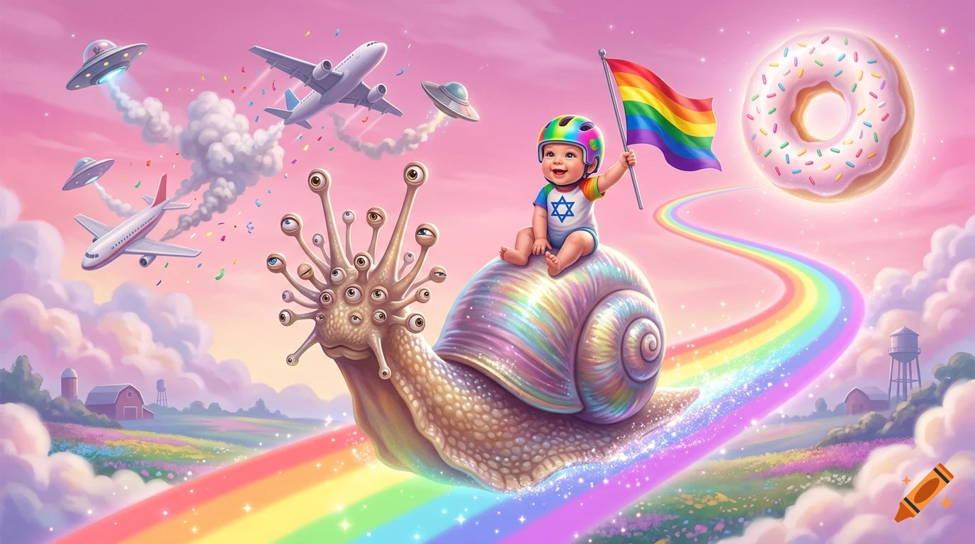 A baby wearing a helmet and a pride flag rides a multi-eyed snail along a rainbow in a pink sky with a donut moon and crashing airships.