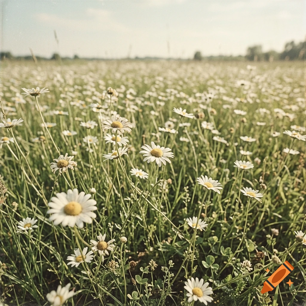 Vintage style photograph of a meadow filled with white daisies and tall grass under an overcast sky.