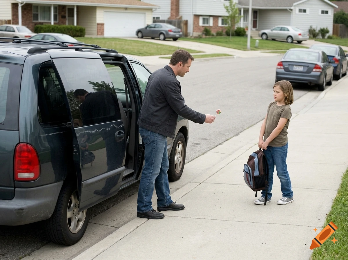 Photorealistic scene of a man standing by a minivan offering a lollipop to a young child holding a backpack on a suburban sidewalk.