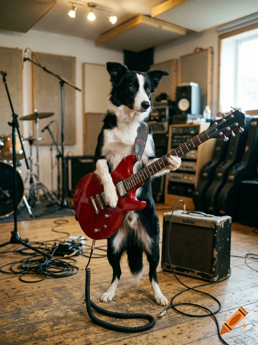 Photorealistic photo of a border collie standing on its hind legs and playing a red electric guitar in a music studio.