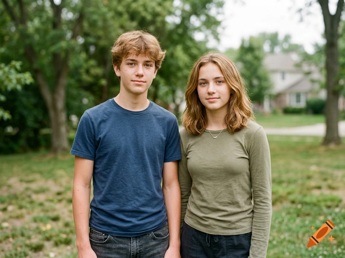 Photorealistic portrait of a teenage boy in a blue shirt and a teenage girl in an olive green top standing outdoors.