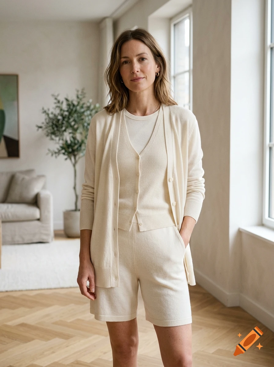 Photorealistic portrait of a woman wearing a matching cream-colored knit cardigan, top, and shorts inside a bright room.