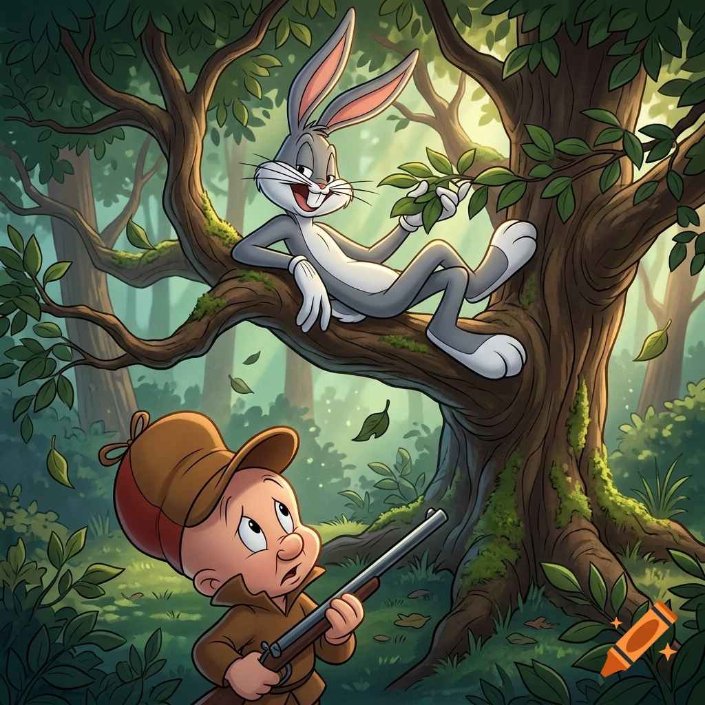 Bugs Bunny smiling slyly while reclining on a tree branch, looking down at Elmer Fudd holding a rifle in a forest, in a classic cartoon style.