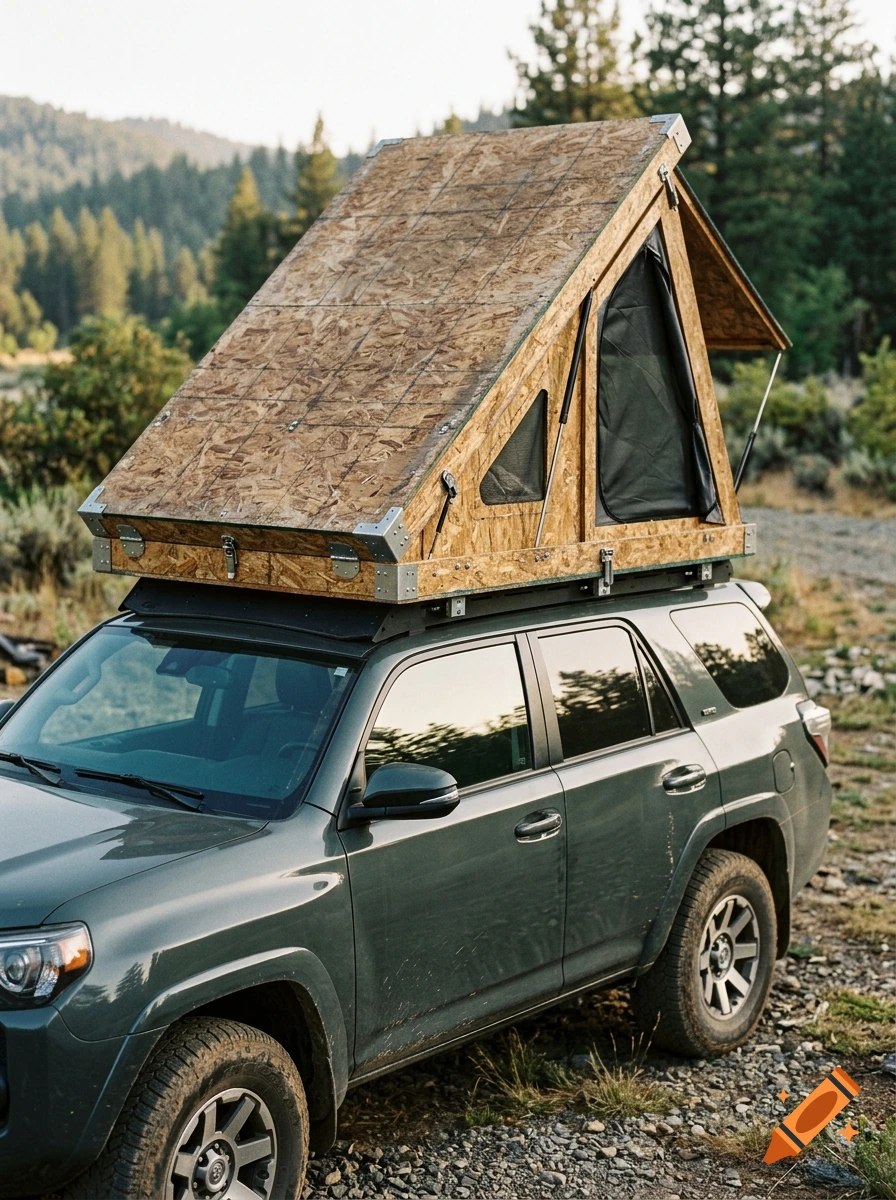 Photorealistic image of a dark green SUV with a custom triangular rooftop tent made of oriented strand board, parked outdoors in a wooded area.