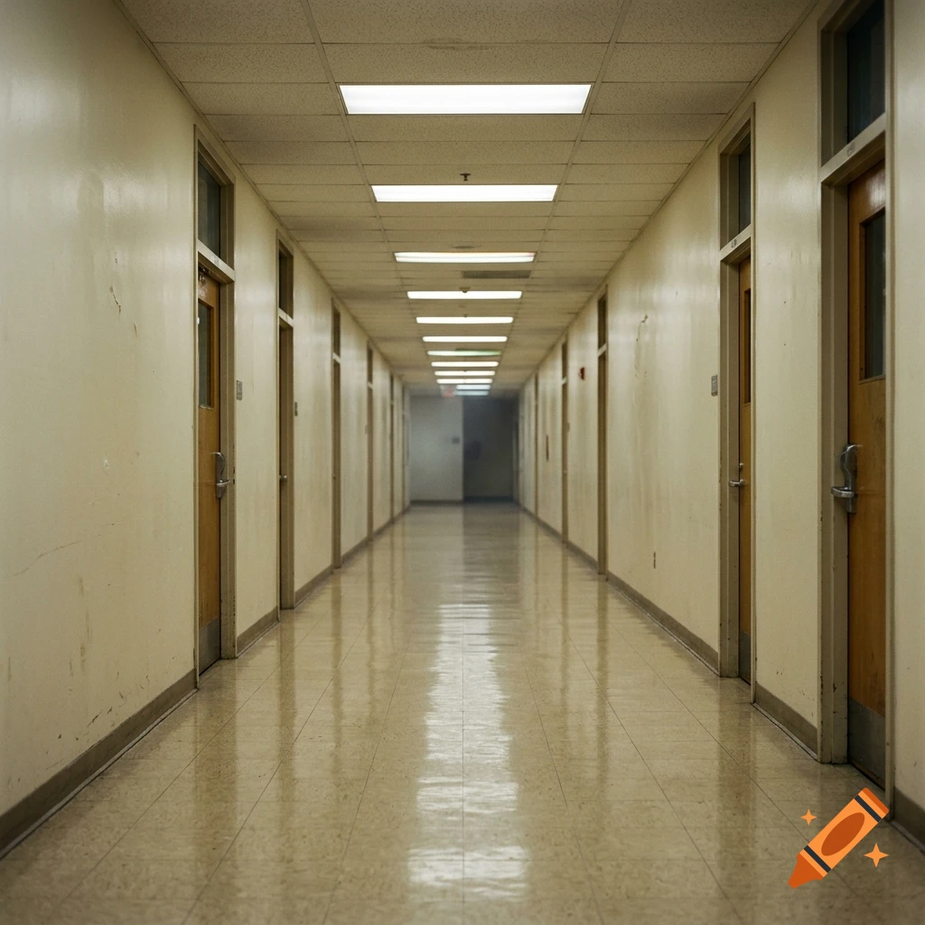 Photorealistic long, empty hallway with beige walls, wooden doors, and fluorescent ceiling lights.