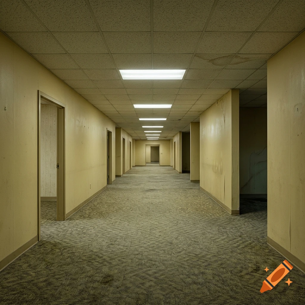 Photorealistic image of an endless, empty yellow office hallway with fluorescent lights and carpeted floor.