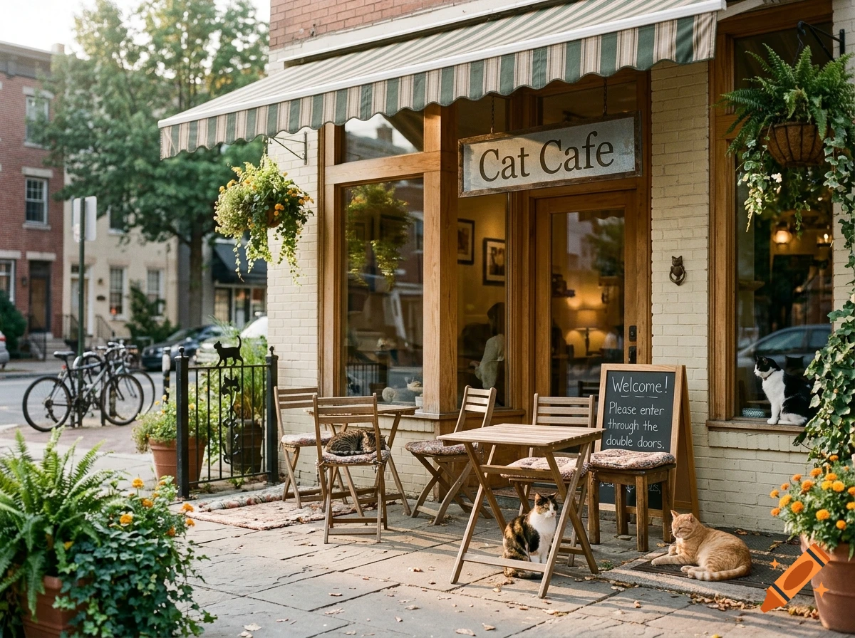 Photorealistic storefront of a cat cafe with outdoor seating and several cats resting nearby.