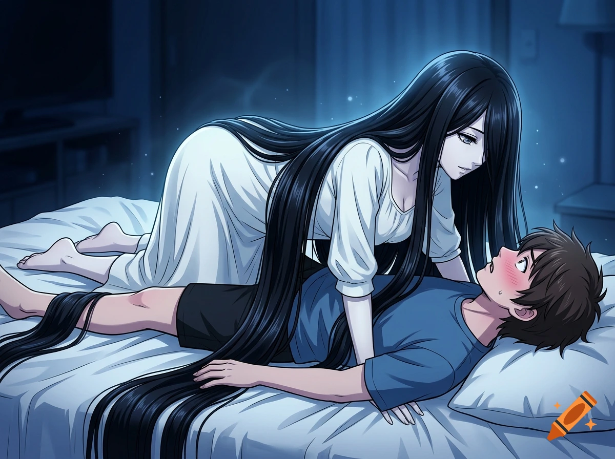 Anime style illustration of a long-haired female ghost hovering over a blushing young man on a bed in a bedroom.