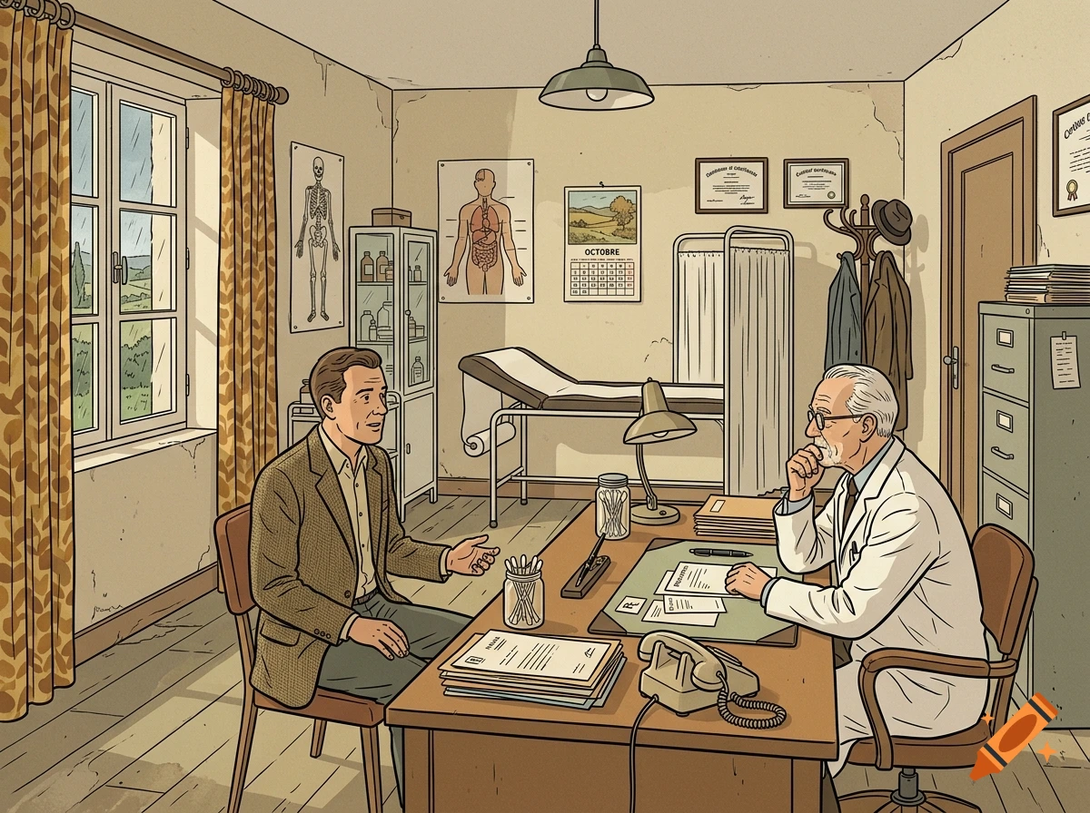 Classic Franco-Belgian comic style illustration of a doctor's office interior with a patient talking to a doctor.